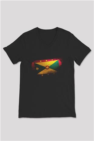 Grenada Bayrağı Baskılı Unisex Siyah V Yaka Tişört