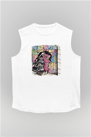 Grim Reaper Baskılı Unisex Beyaz Kolsuz Tişört