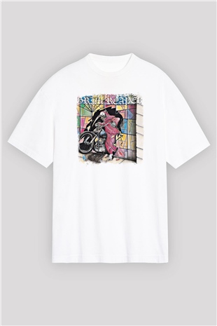 Grim Reaper Baskılı Unisex Beyaz Oversize Tişört