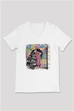 Grim Reaper Baskılı Unisex Beyaz V Yaka Tişört