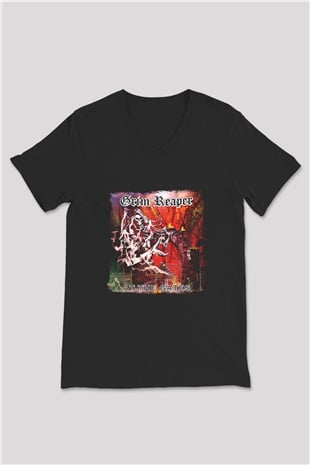 Grim Reaper Baskılı Unisex Siyah V Yaka Tişört