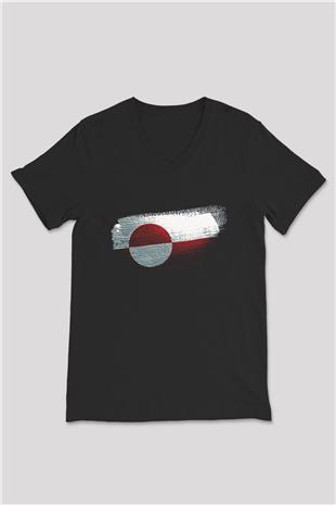 Grönland - Greenland Bayrağı Baskılı Unisex Siyah V Yaka Tişört