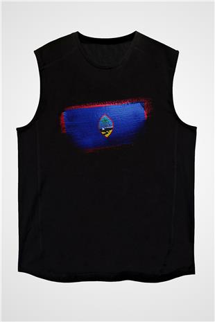 Guam Bayrağı Baskılı Unisex Siyah Kolsuz Tişört