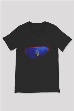 Guam Bayrağı Baskılı Unisex Siyah V Yaka Tişört
