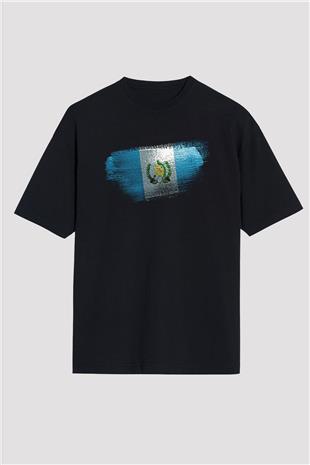 Guatemala Bayrağı Baskılı Unisex Siyah Oversize Tişört