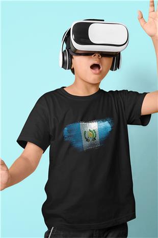 Guatemala Bayrağı Baskılı Unisex Siyah Çocuk Tişörtü