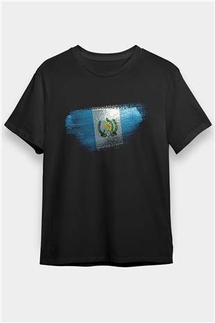 Guatemala Bayrağı Baskılı Unisex Siyah Tişört