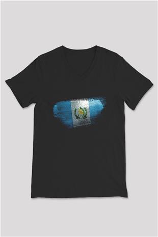 Guatemala Bayrağı Baskılı Unisex Siyah V Yaka Tişört