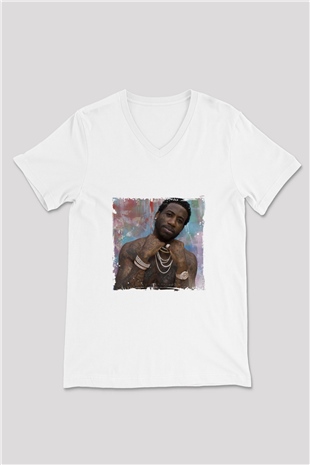 Gucci Mane Baskılı Beyaz V Yaka Unisex Tişört