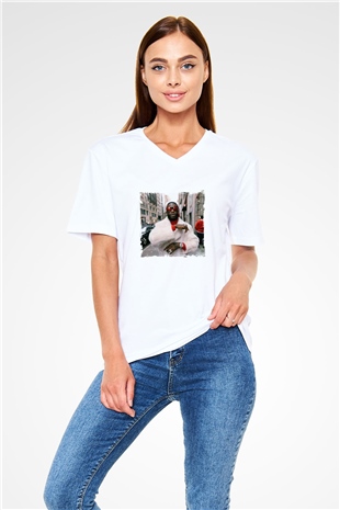 Gucci Mane Baskılı Beyaz V Yaka Unisex Tişört