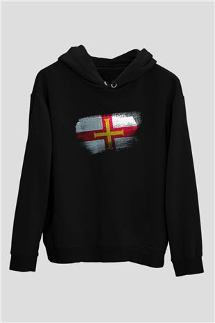 Guernsey Bayrağı Baskılı Unisex Siyah Hoodie