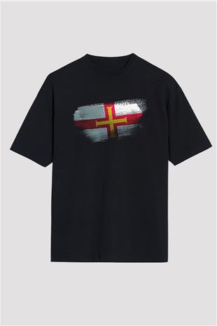 Guernsey Bayrağı Baskılı Unisex Siyah Oversize Tişört