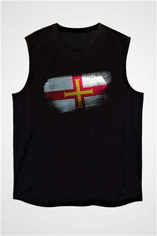 Guernsey Bayrağı Baskılı Unisex Siyah Kolsuz Tişört