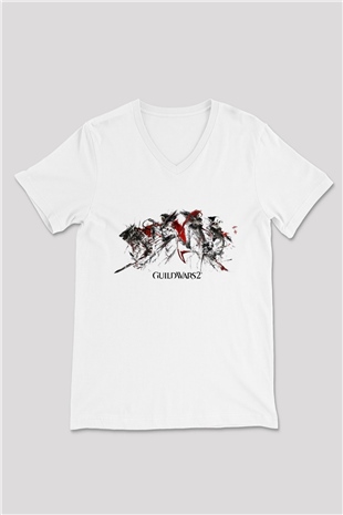 Guild Wars Beyaz Unisex V Yaka Tişört T-Shirt