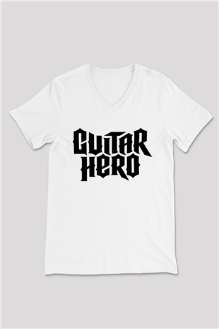 Guitar Hero Beyaz Unisex V Yaka Tişört T-Shirt