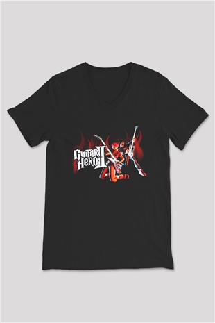 Guitar Hero Siyah Unisex V Yaka Tişört T-Shirt