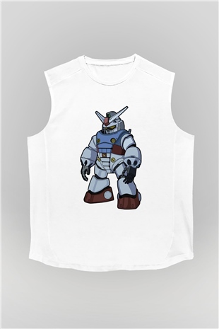 Gundam Robot Baskılı Unisex Beyaz Kolsuz Tişört