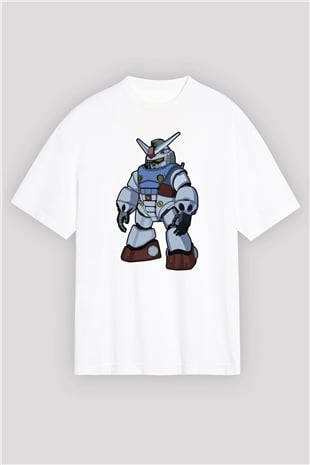 Gundam Robot Baskılı Unisex Beyaz Oversize Tişört