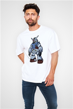 Gundam Robot Baskılı Unisex Beyaz Oversize Tişört