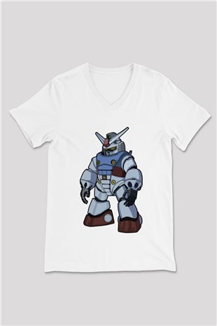 Gundam Robot Baskılı Unisex Beyaz V Yaka Tişört