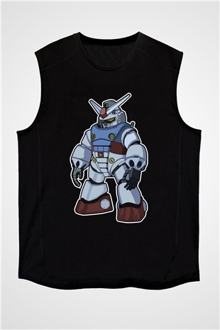 Gundam Robot Baskılı Unisex Siyah Kolsuz Tişört