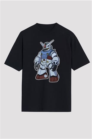 Gundam Robot Baskılı Unisex Siyah Oversize Tişört