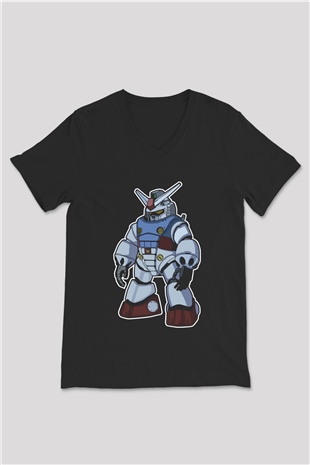 Gundam Robot Baskılı Unisex Siyah V Yaka Tişört