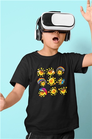Güneş Baskılı Siyah Unisex Çocuk Tişört