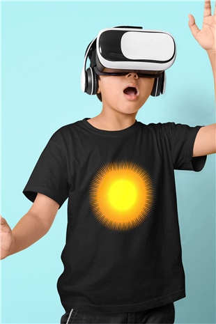 Güneş Baskılı Siyah Unisex Çocuk Tişört