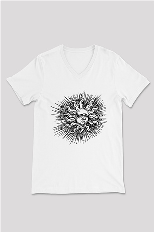 Güneş Beyaz Unisex V Yaka Tişört T-Shirt