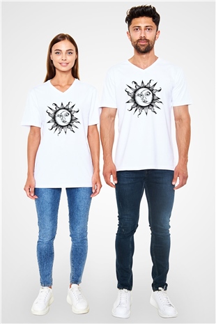 Güneş Beyaz Unisex V Yaka Tişört T-Shirt