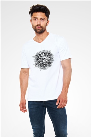 Güneş Beyaz Unisex V Yaka Tişört T-Shirt