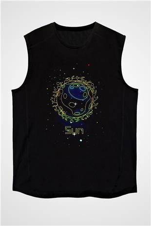 Güneş Çizim Baskılı Unisex Kolsuz Siyah Tişört - Tshirt