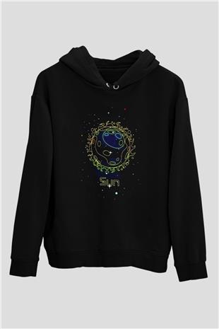 Güneş Çizim Baskılı Unisex Siyah Hoodie