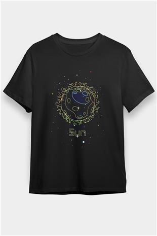 Güneş Çizim Baskılı Unisex Siyah Tişört - Tshirt