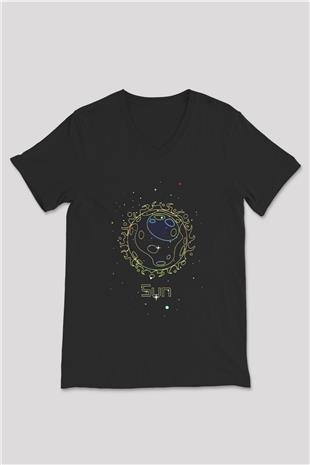 Güneş Çizim Baskılı Unisex V Yaka Siyah Tİşört - Tshirt