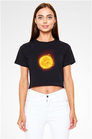 Güneş Çizim Renkli Baskılı Crop Top Kadın Tİşört - Tshirt