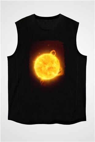Güneş Çizim Renkli Baskılı Unisex Kolsuz Siyah Tişört - Tshirt