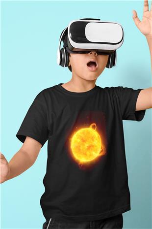 Güneş Çizim Renkli Baskılı Unisex Siyah Çocuk Tişörtü - Tshirt