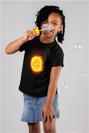 Güneş Çizim Renkli Baskılı Unisex Siyah Çocuk Tişörtü - Tshirt