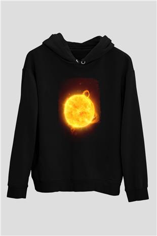 Güneş Çizim Renkli Baskılı Unisex Siyah Hoodie