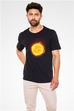Güneş Çizim Renkli Baskılı Unisex Siyah Tişört - Tshirt