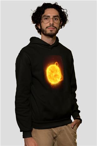 Güneş Çizim Renkli Baskılı Unisex Siyah Hoodie