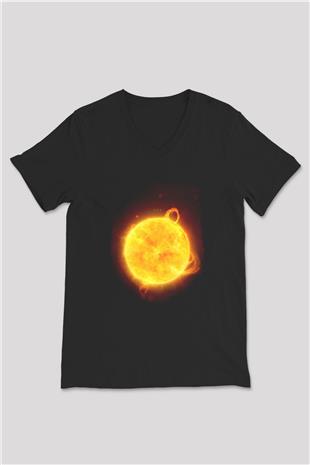 Güneş Çizim Renkli Baskılı Unisex V Yaka Siyah Tİşört - Tshirt