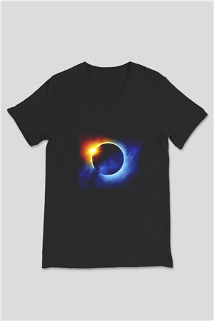 Güneş Siyah Unisex V Yaka Tişört T-Shirt