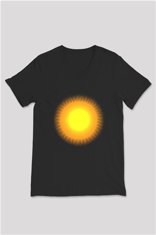 Güneş Siyah Unisex V Yaka Tişört T-Shirt