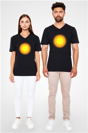 Güneş Siyah Unisex V Yaka Tişört T-Shirt