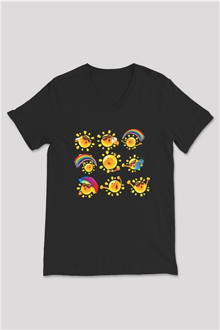 Güneş Siyah Unisex V Yaka Tişört T-Shirt