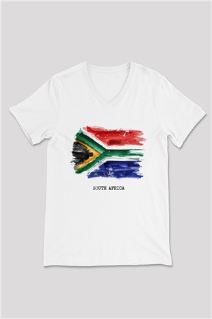 Güney Afrika Cumhuriyeti Beyaz Unisex V Yaka Tişört T-Shirt