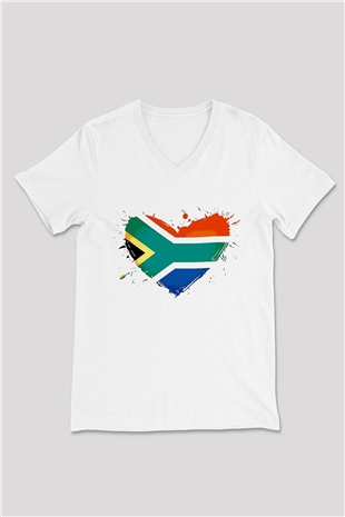 Güney Afrika Cumhuriyeti Beyaz Unisex V Yaka Tişört T-Shirt